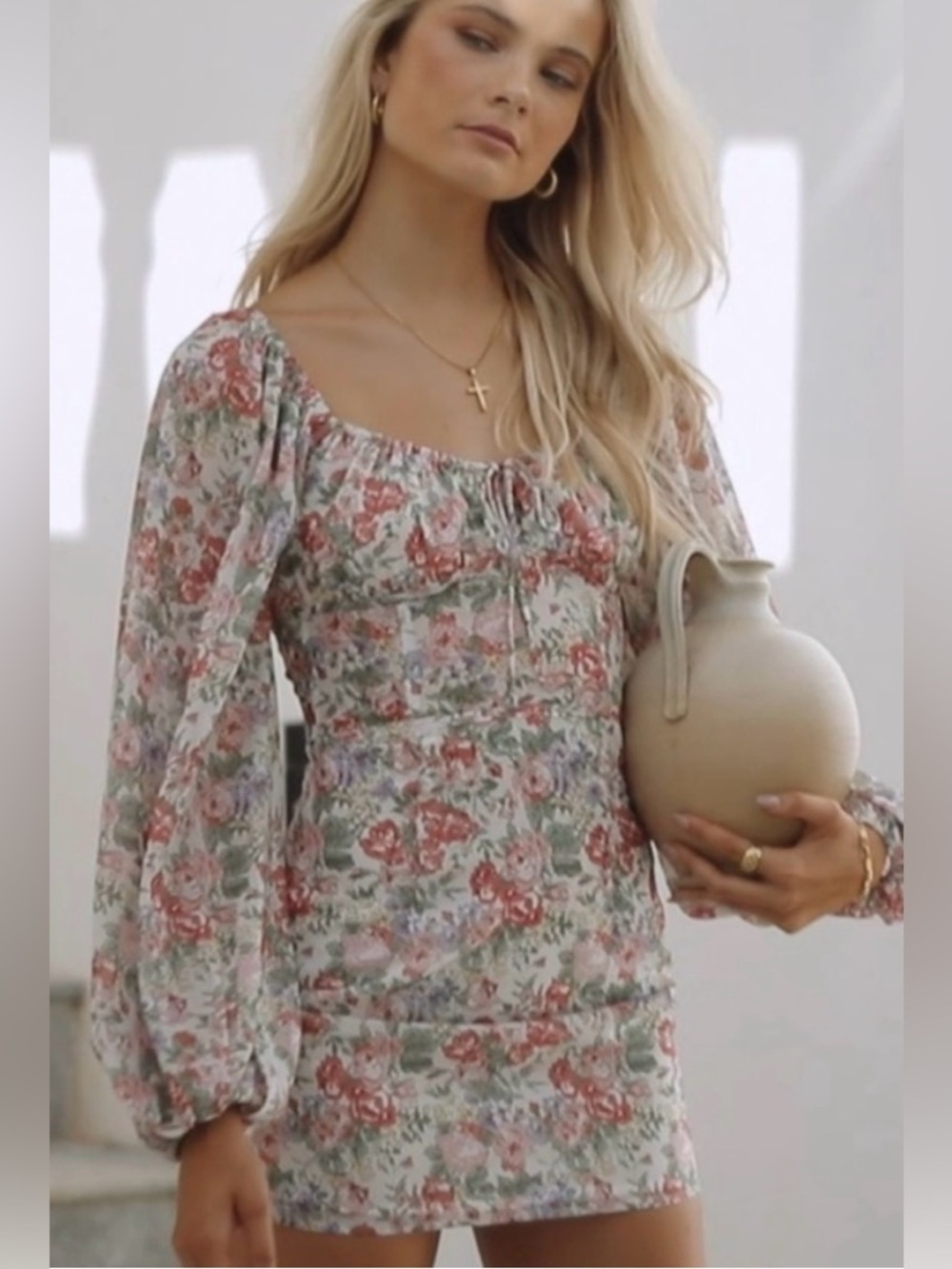 Sabo Floral Puff-Sleeve Mini Dress Cream Rose Green Purple designed in Australia - Picture 3 of 13